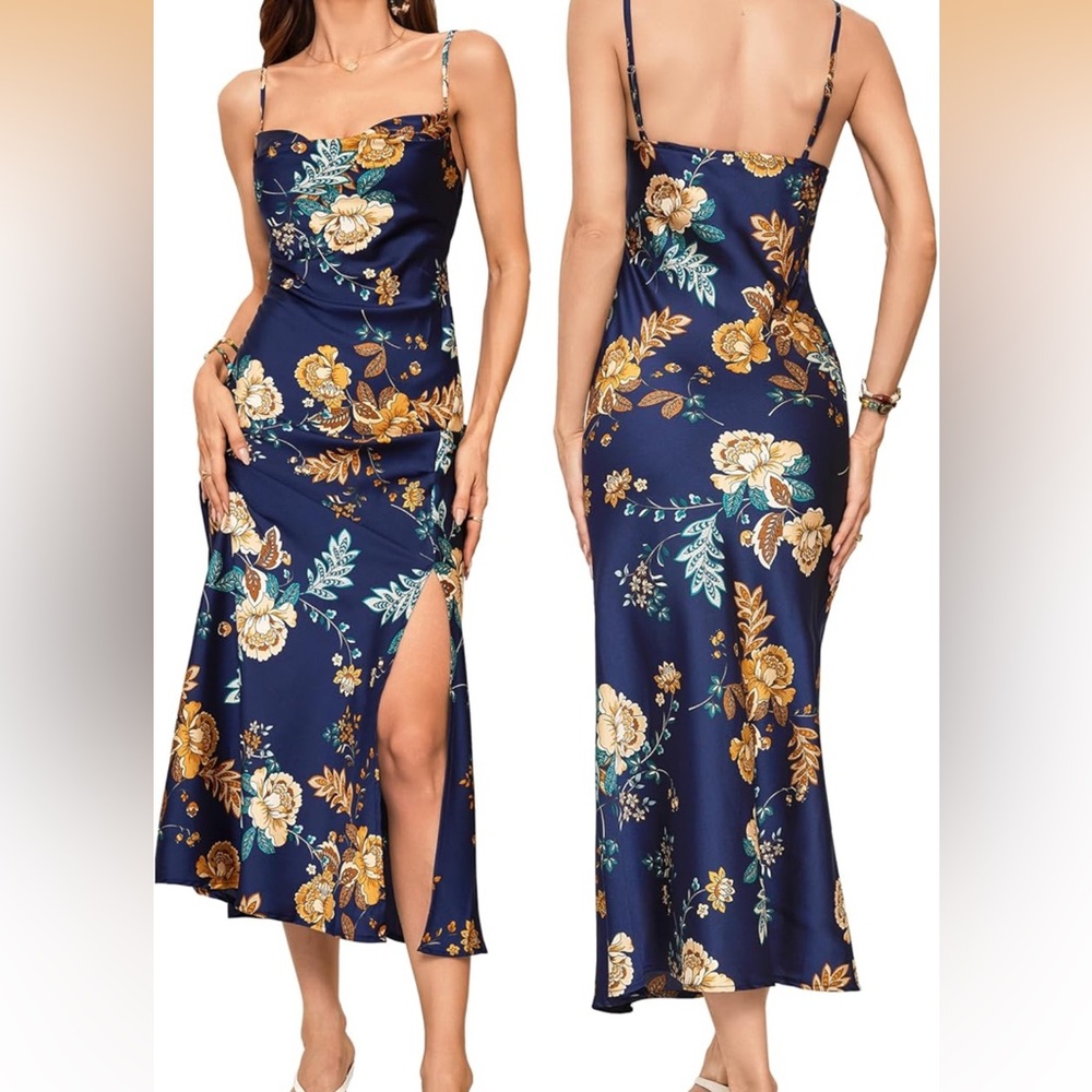 Navy Floral Backless Slip Dress with Side Slit